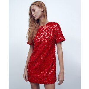 ZARA Limited Edition Red Sequin& Beads Mini Dress New